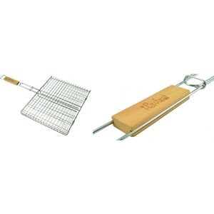 Anyaga: kr&oacute;mozott vas, fa M&eacute;rete: 52,5 cm hossz&uacute; ny&eacute;llel egy&uuml;tt, 34 cm sz&eacute;les, a s&uuml;tőr&eacute;sz 32,5*23 cm S&uacute;lya:220 g Haszn&aacute;lhat&oacute;: szabadtűz&ouml;n Haszn&aacute;lata: Nyissa sz&eacute;t a grillr&aacute;csot, helyezze bele a grillezni k&iacute;v&aacute;nt halat, h&uacute;st vagy z&ouml;lds&eacute;get, majd csukja &ouml;ssze. A ny&eacute;l s&uuml;t&eacute;s k&ouml;zben felmelegedhet, &iacute;gy s&uuml;tőkesztyű haszn&aacute;lata aj&aacute;nlott! Tiszt&iacute;t&aacute;sa: Semleges foly&eacute;kony mosogat&oacute;szerrel mossa el! Ker&uuml;lje a karcosod&aacute;st okoz&oacute; szerek &eacute;s eszk&ouml;z&ouml;k haszn&aacute;lat&aacute;t!
